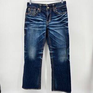 Big Star Pioneer Mens Boot Cut Jeans Dark Wash Whiskered Blue Denim 34